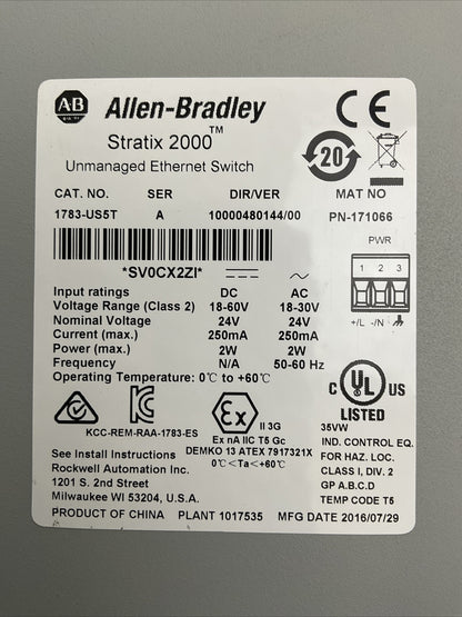 ALLEN BRADLEY 1783-US5T SER A DIR/VER 10000480144/00 UNMANAGED ETHERNET SWITCH