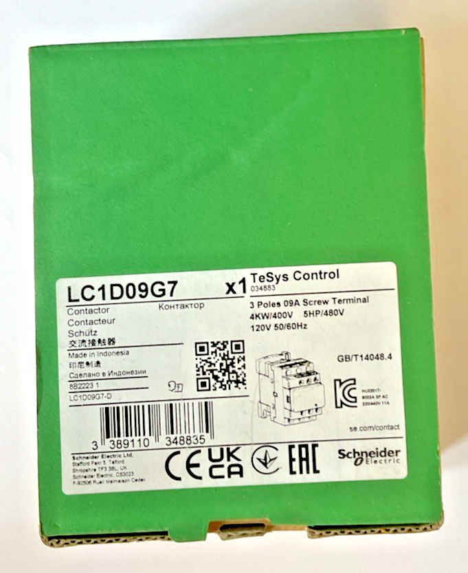 SCHNEIDER ELECTRIC LC1D09G7 CONTACTOR 480V/5HP 120V 50/60HZ 3POLE