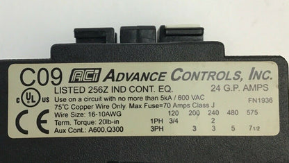 ADVANCED CONTROLS C09 120V COIL 70A STARTER