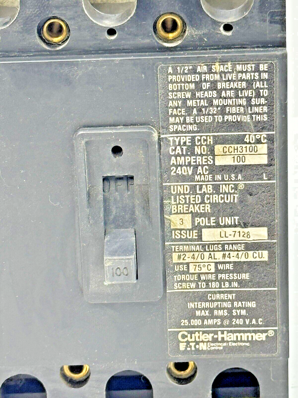 CUTLER-HAMMER / EATON - CCH3100 - CIRCUIT BREAKER - 100A/ 240 VAC/ 3 POLE