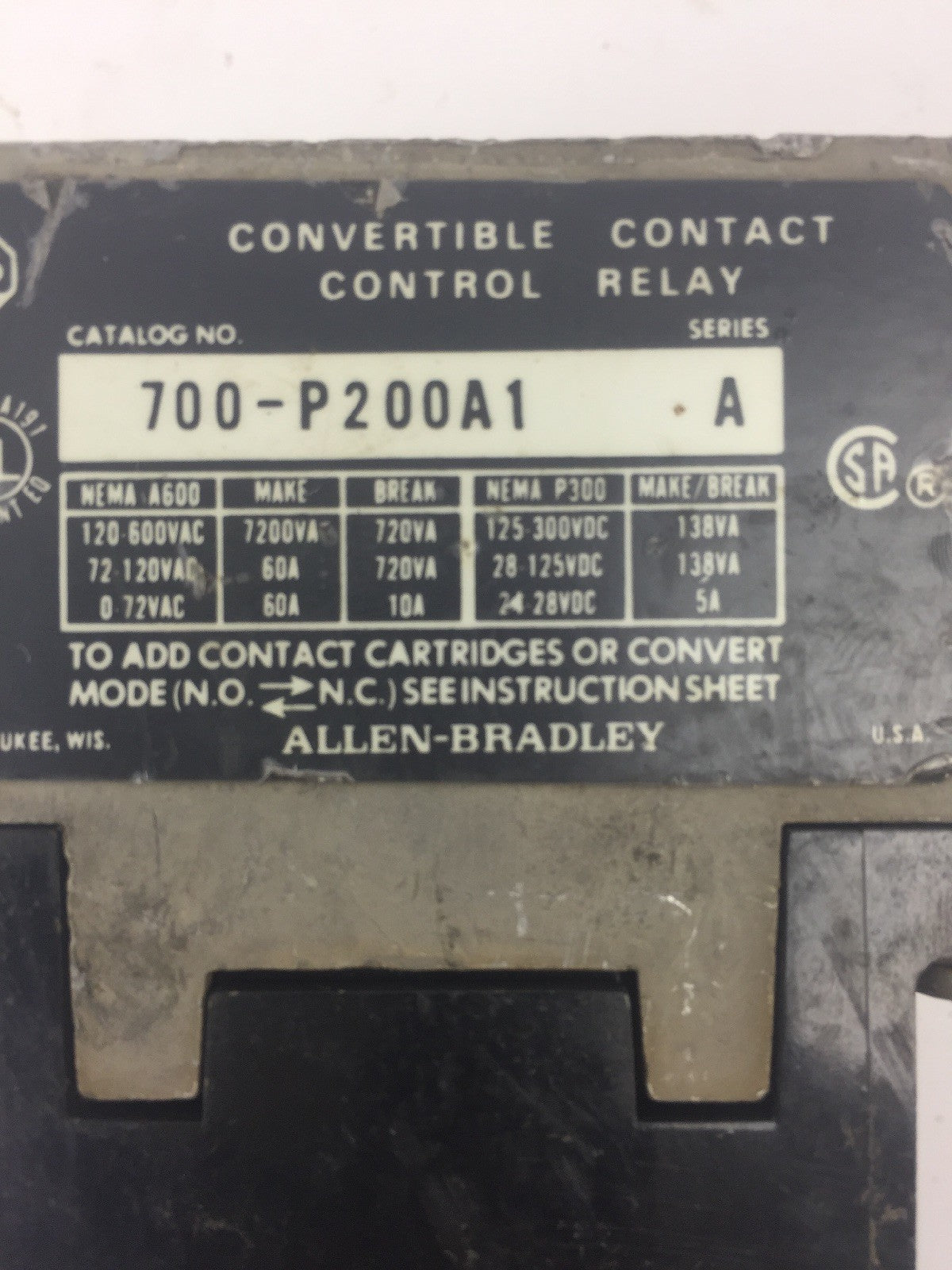 ALLEN BRADLEY 700-P200A1 AC CONTROL RELAY SERIES A COIL 115-120V 60HZ 110V 50HZ