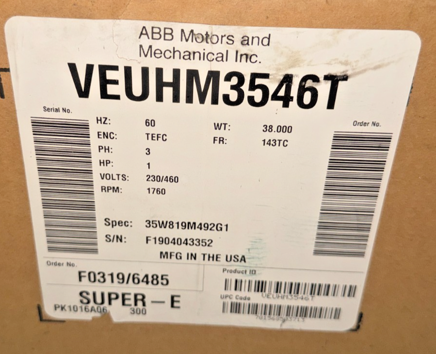 RELIANCE BALDOR VEUHM3546T MOTOR 1HP 3PH 60HZ FR:143TC 230/460V RPM:1760
