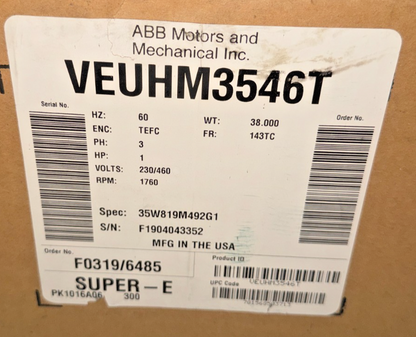RELIANCE BALDOR VEUHM3546T MOTOR 1HP 3PH 60HZ FR:143TC 230/460V RPM:1760