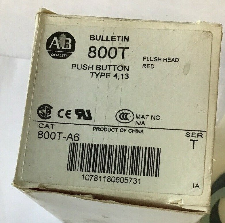 ALLEN BRADLEY 800T-A6 PUSH BUTTON FLUSH HEAD RED SERIES T TYPE4,13