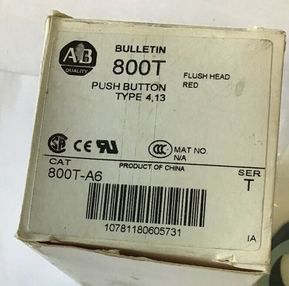 ALLEN BRADLEY 800T-A6 PUSH BUTTON FLUSH HEAD RED SERIES T TYPE4,13
