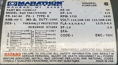 MOTOR VACUUM PUMP TRIVAC D8B 91255-1 MARATHON BQH 56B17F5558D P 3/4HP 1725RPM