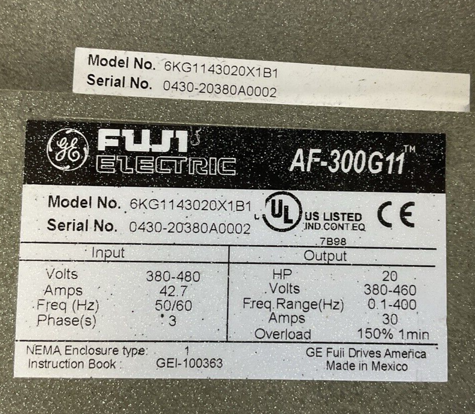 FUJI 6KG1143020X1B1 AF-300 G11 OUTPUT 20HP 380-460V 30A INPUT 380-480V 42.7A 3PH