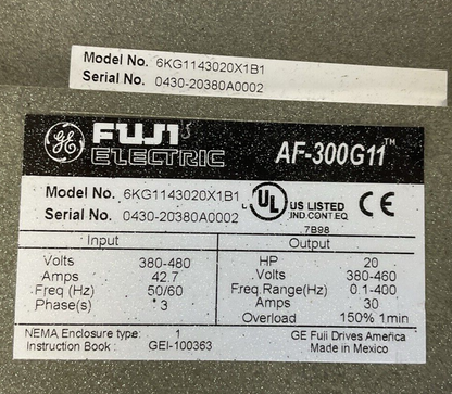 FUJI 6KG1143020X1B1 AF-300 G11 OUTPUT 20HP 380-460V 30A INPUT 380-480V 42.7A 3PH
