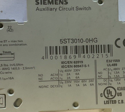 SIEMENS 5SJ4101-7HG41 CIRCUIT BREAKER 3A AUXILIARY CIRCUIT SWITCH