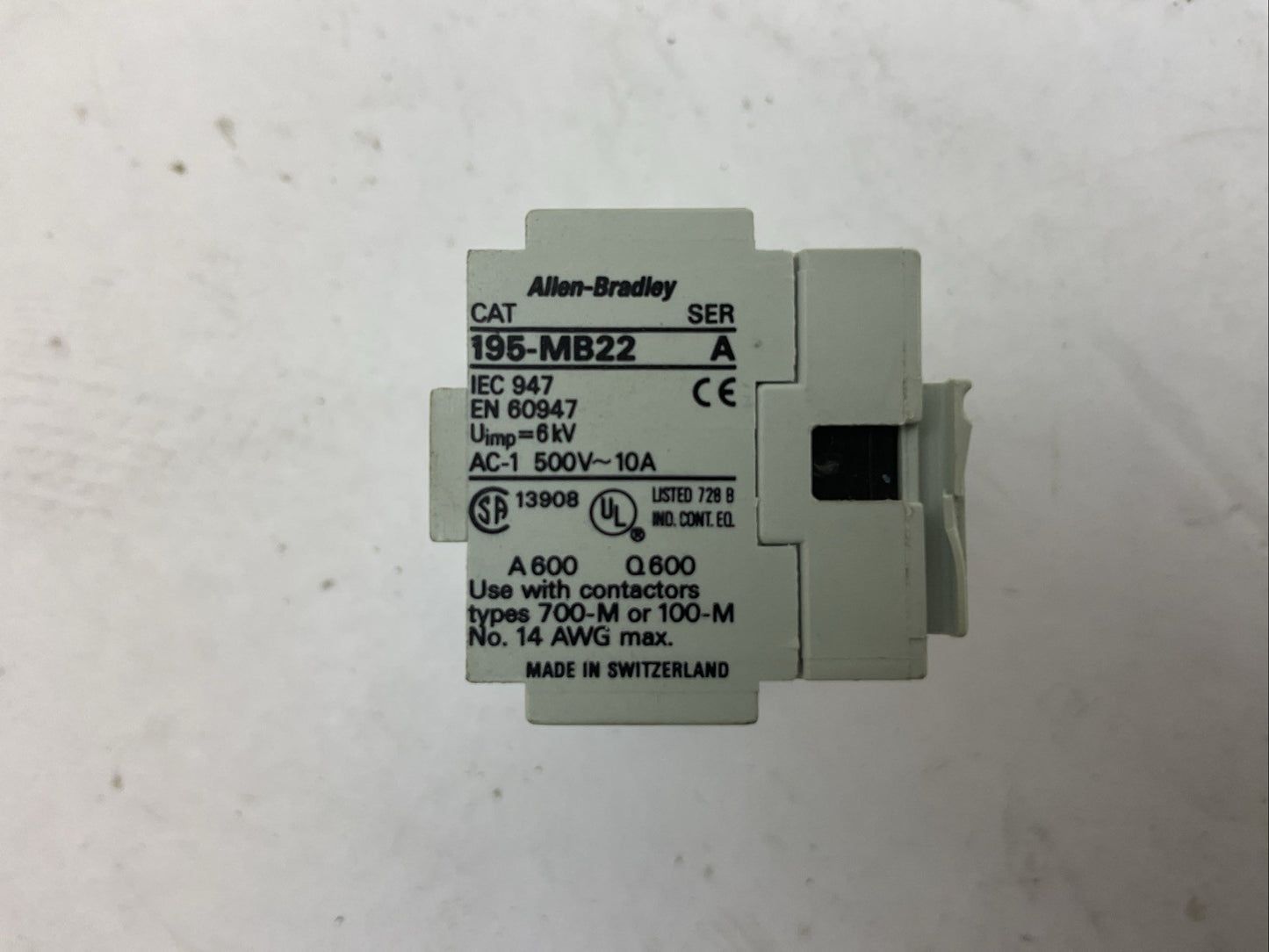 ALLEN BRADLEY 195-MB22 SER A 500VAC 10A AUXILIARY CONTACT BLOCK
