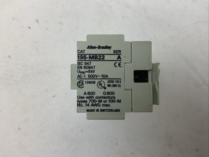 ALLEN BRADLEY 195-MB22 SER A 500VAC 10A AUXILIARY CONTACT BLOCK