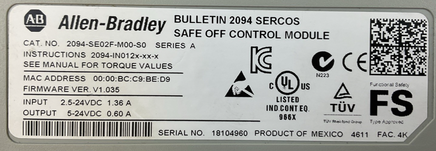 ALLEN BRADLEY 2094-BC02-M02-M INTEGRATED AXIS POWER MODULE 2094-SE02F-M00-S0
