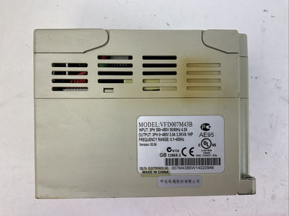 DELTA VFD007M43B AC DRIVE 0.75kW OUTPUT 3PH 0-480VAC 3A 2.3KVA 1HP