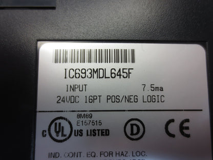 GE FANUC IC693MDL645F INPUT MODULE 24VDC 16PT POS/NEG LOGIC 7.5mA/Pt.