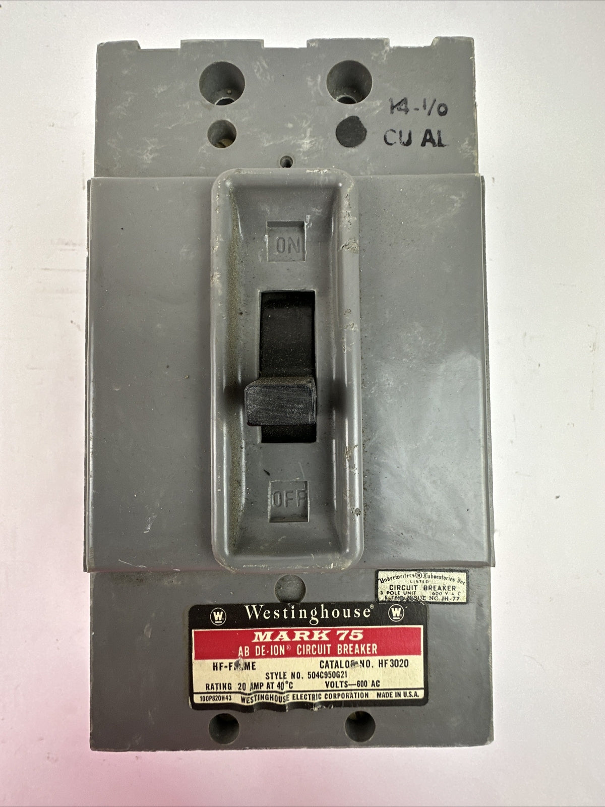 WESTINGHOUSE HF3020 20AMP 600VAC 3POLE MARK 75 AB DE-ION CIRCUIT BREAKER