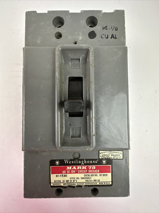 WESTINGHOUSE HF3020 20AMP 600VAC 3POLE MARK 75 AB DE-ION CIRCUIT BREAKER