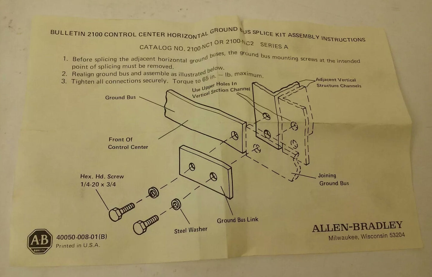 ALLEN BRADLEY 2100-NC1 SER. C, HORIZONTAL GROUND BUS SPLICE KIT 1/4'' X 1'',2100