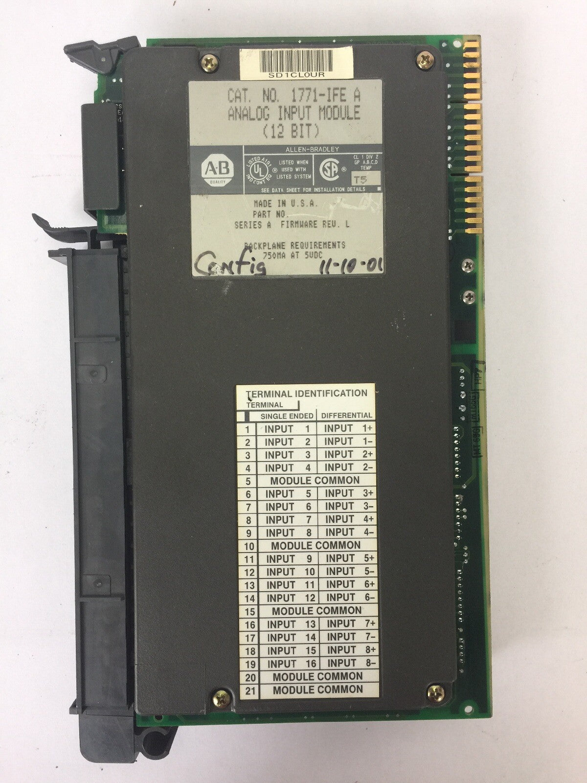 ALLEN BRADLEY 1771-IFE ANALOG INPUT MODULE (12 BIT) SERIES A FIRMWARE REV L