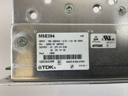 TDK MSE394 POWER SUPPLY OUTPUT V1 27VDC 6.5A V2 6VDC 3A INPUT 100-240VAC