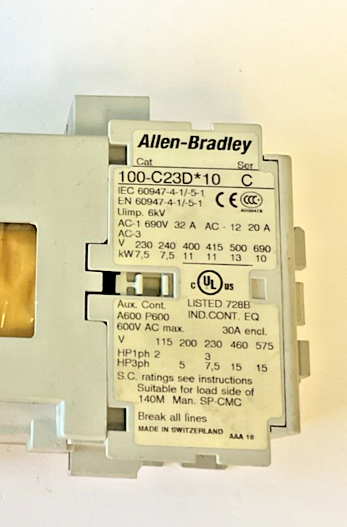 ALLEN BRADLEY 100-C23D*10 CONTACTOR SER.C 600VAC 30A