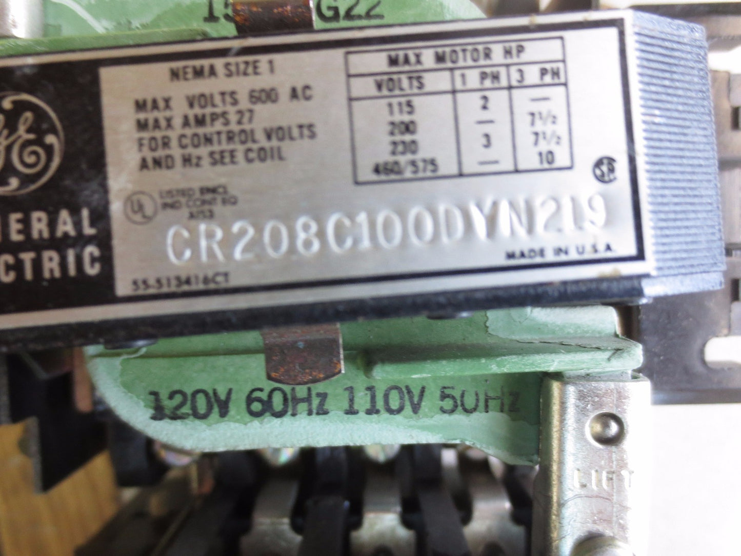 GENERAL ELECTRIC CR208C100DVN219 NEMA SIZE 1 STARTER - 600V, 27A