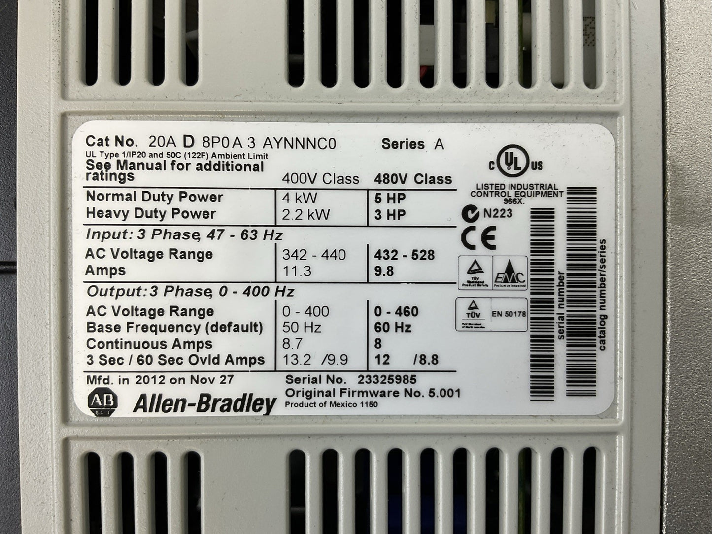 ALLEN BRADLEY 20AD8P0A3AYNNNC0 AC DRIVE POWER FLEX 70 SER A FW 5.001