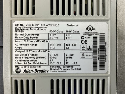 ALLEN BRADLEY 20AD8P0A3AYNNNC0 AC DRIVE POWER FLEX 70 SER A FW 5.001