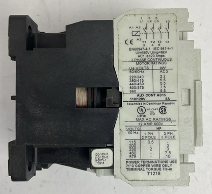 EATON CE15CNS3 SER B1 600VAC 12A 3PH 10HP CONTACTOR 120V 60HZ 110V 50HZ COIL