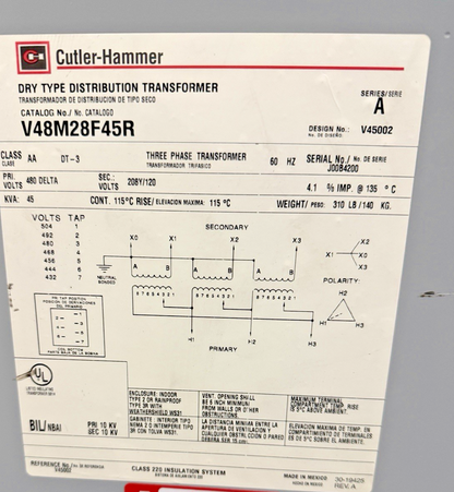 EATON V48M28F45R GENERAL PURPOSE TRANSFORMER 45KVA 3PH PRI.480DELTA SEC.208Y/120