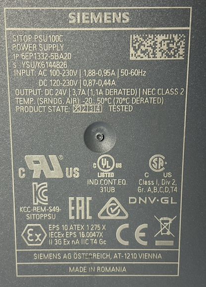 SIEMENS 6EP1332-5BA20 POWER SUPPLY 24VDC 3.7A 50/60HZ