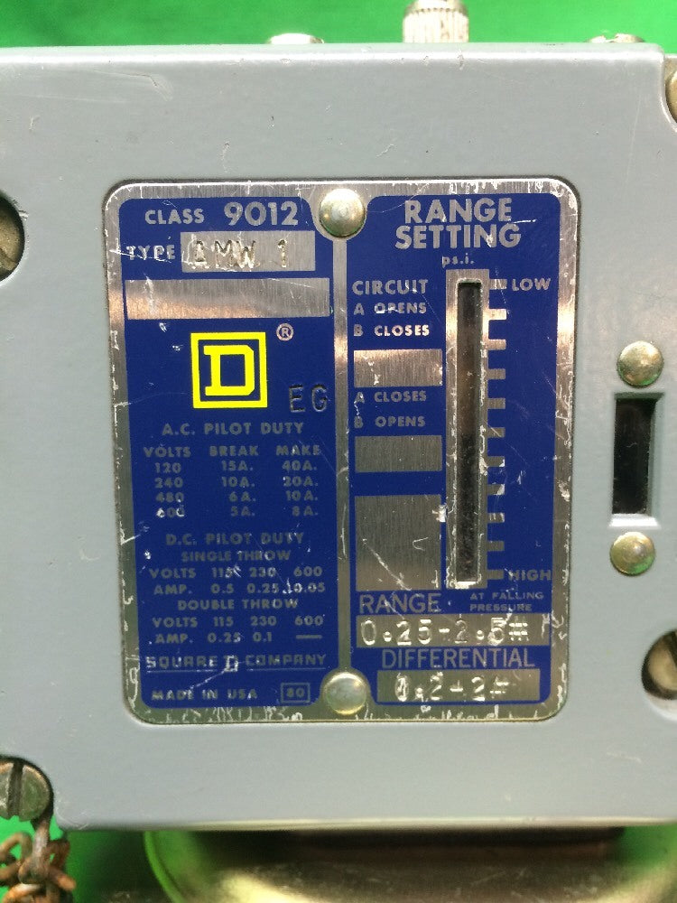 SQUARE D PRESSURE SWITCH 9012 AMW1, 120/240/480/480V, BREAK 15/10/6/50AMP, NEW