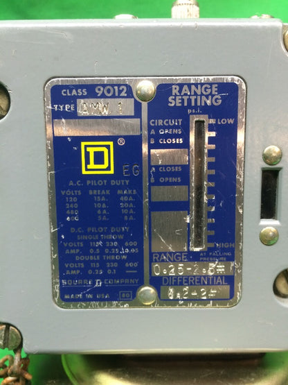 SQUARE D PRESSURE SWITCH 9012 AMW1, 120/240/480/480V, BREAK 15/10/6/50AMP, NEW