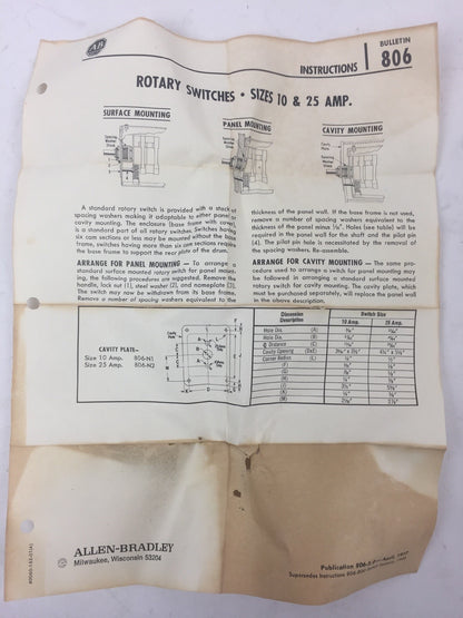 ALLEN BRADLEY F672729-1 ROTARY PILOT SWITCH SIZES 10 & 25 AMP