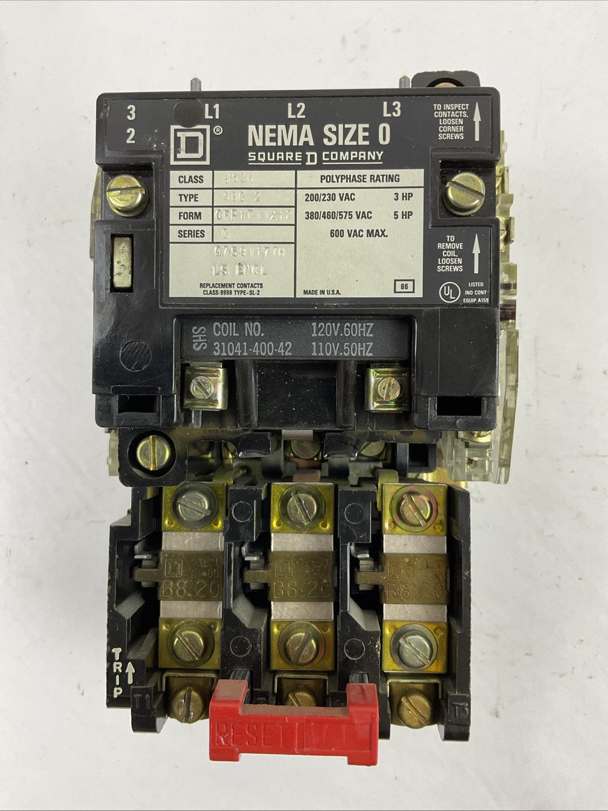 SQUARE D 8536SBG2 SIZE 0 STARTER 600VAC 5HP B8.20 HEATERS 31041-400-42 COIL 120V