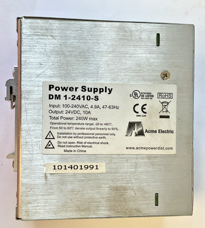 ACME ELECTRIC DM 1-2410-S POWER SUPPLY  24VDC 10A INPUT 240VAC 4.9A 47-63HZ