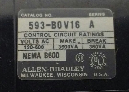 Allen Bradley Overload Relay  593-B0V16 Ser. A (NEW SURPLUS)