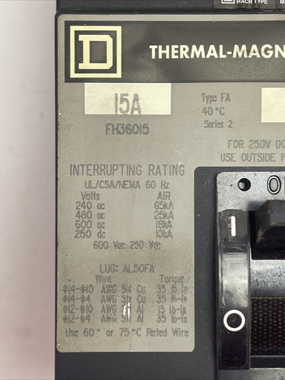 SQUARE D FH36015 CIRCUIT BREAKER 250VDC 600VAC 15AMP 3POLE