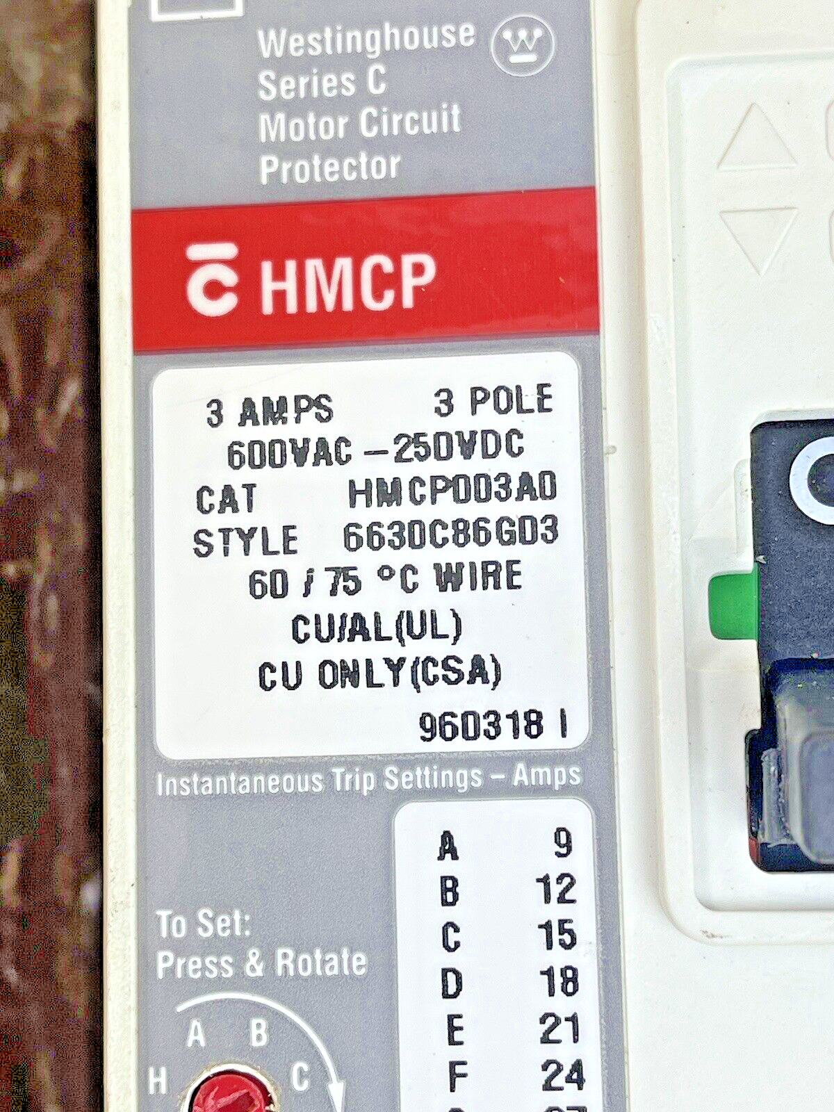 CUTLER-HAMMER - HMCP003AO -  MOTOR CIRCUIT PROTECTOR - 3A/3 POLE/600 VAC