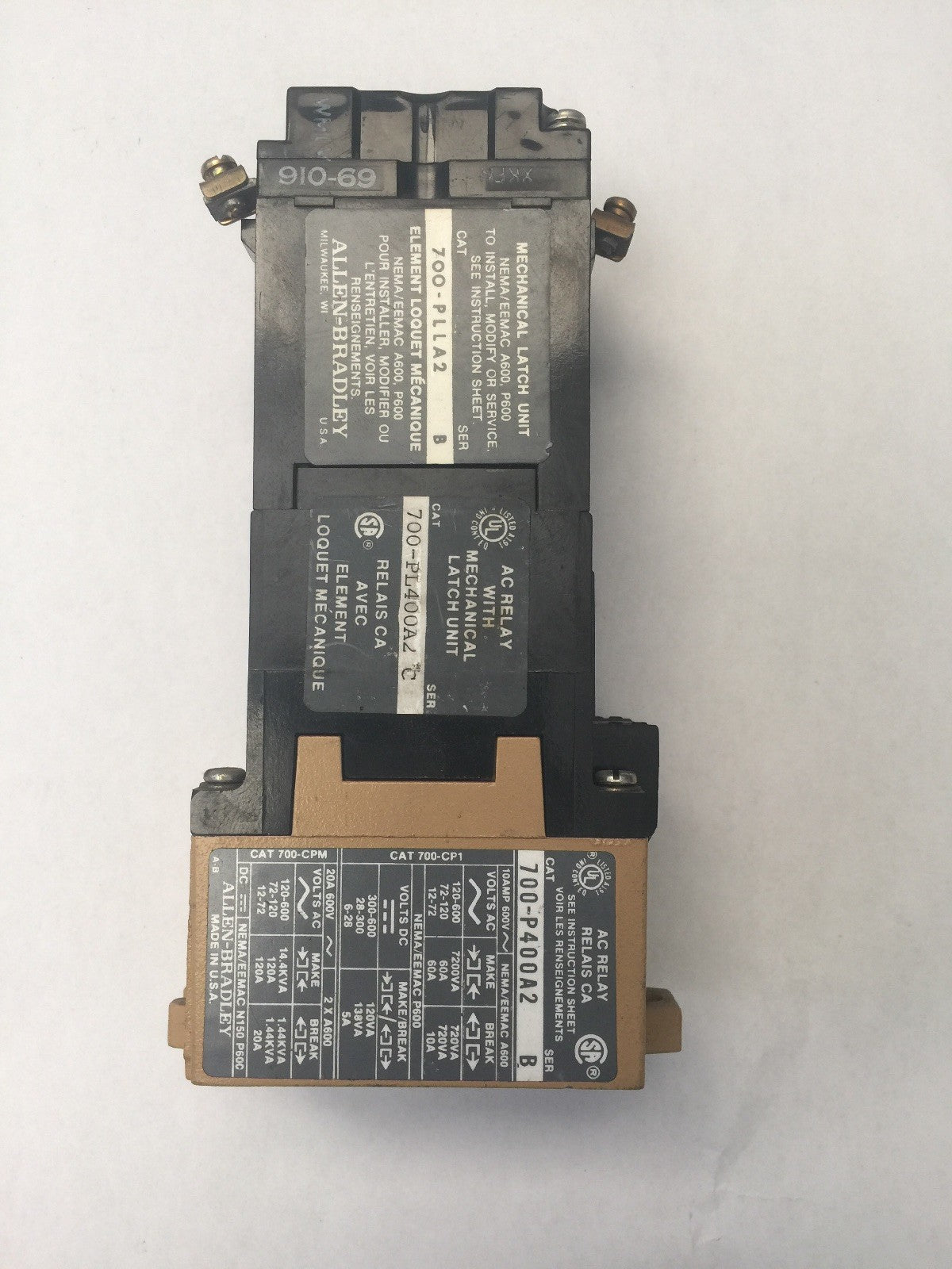 ALLEN BRADLEY 700-PL400A2 SER C AC RELAY W/ 700-PLLA2 700-P400A2 PA254 PL254