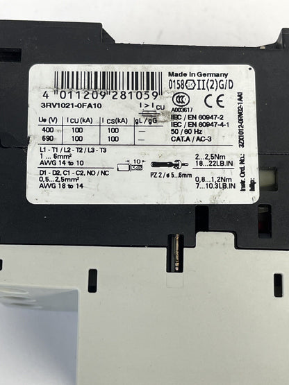 SIEMENS - 3RV1021-0FA10 - CIRCUIT BREAKER / MOTOR PROTECTOR