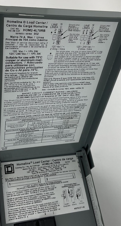 SQUARE D HOM2-4L70RB HOMELINE LOAD CENTER 70A SER.02 240VAC 1PH