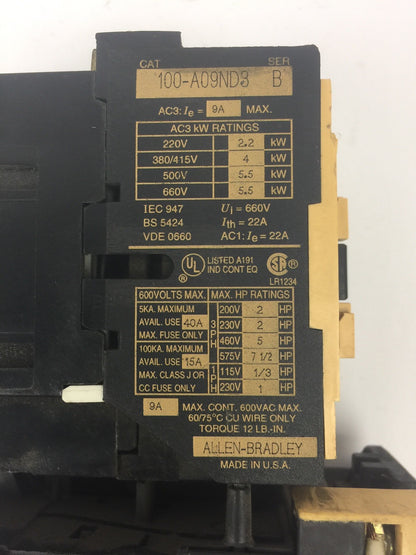 ALLEN BRADLEY 100-A09ND3 CONTACTOR SER B 600VAC 9A W/ 193-BSB30 RELAY 2-3A