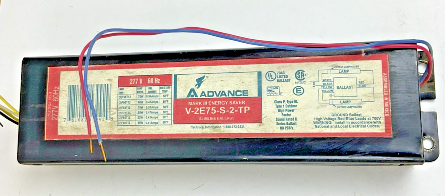 ADVANCED BALLAST V-2E75-S-2-TP 277V 60HZ MARK III SLIMLINE ENERGY SAVER
