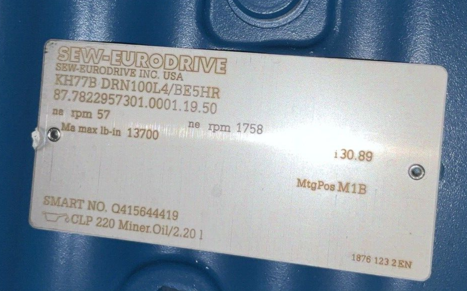 SEW-EURODRIVE KH77B DRN100L4/BE5HR GEARMOTOR rpm 1758/57 V230/460 YY/Y HZ 60