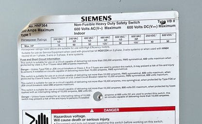 SIEMENS HF364 NON FUSIBLE SAFETY SWITCH 200A 600VAC/VDC VBII TYPE 1