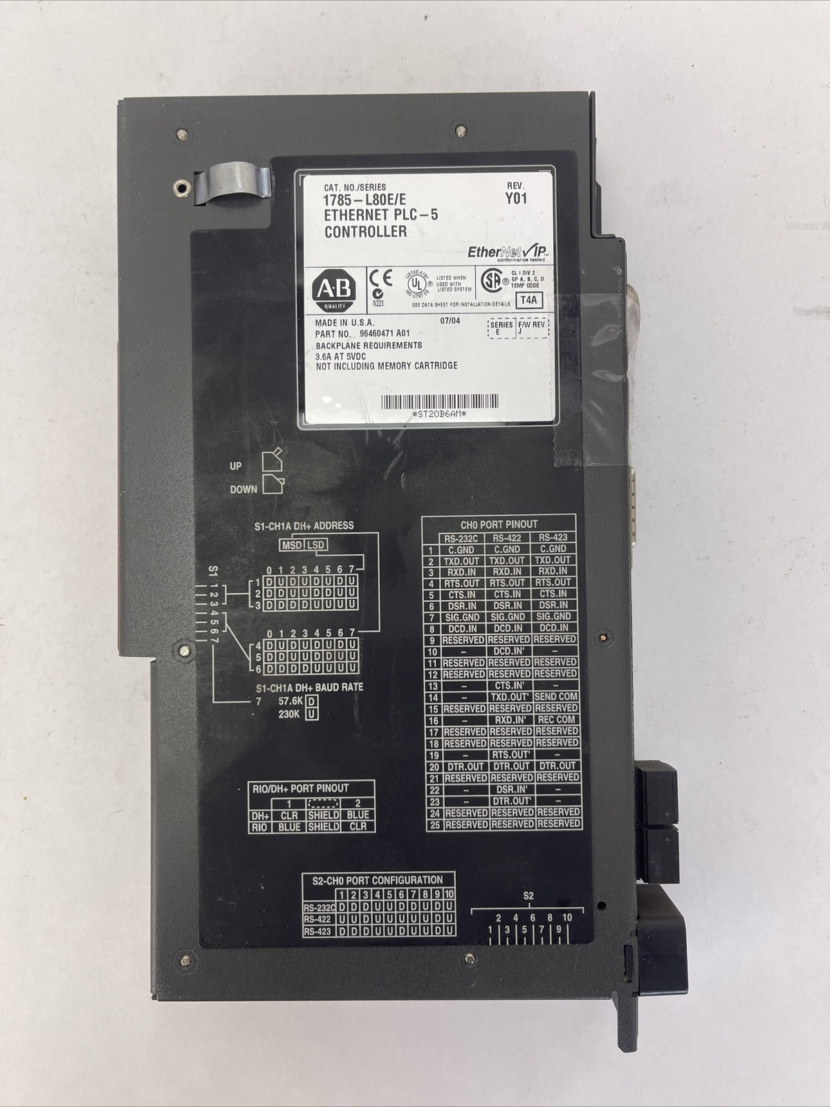 ALLEN BRADLEY 1785-L80E/E ETHERNET PLC-5 CONTROLLER REV Y01 SERIES E F/W REV J