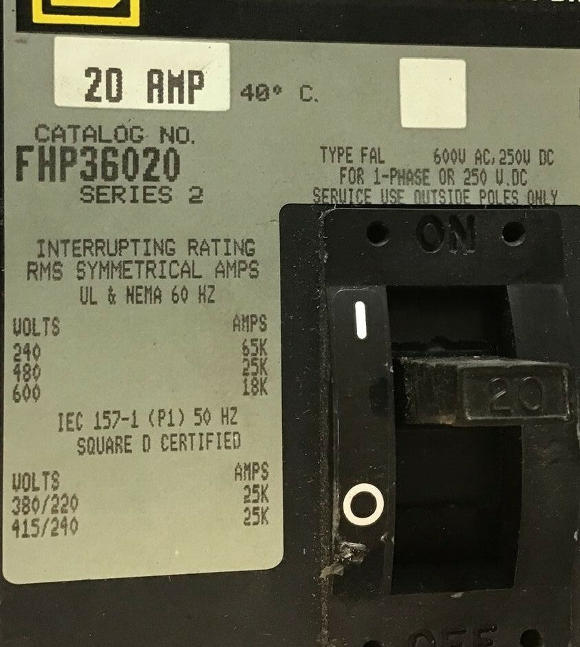 SQUARE D FHP36020 CIRCUIT BREAKER 20A 600V