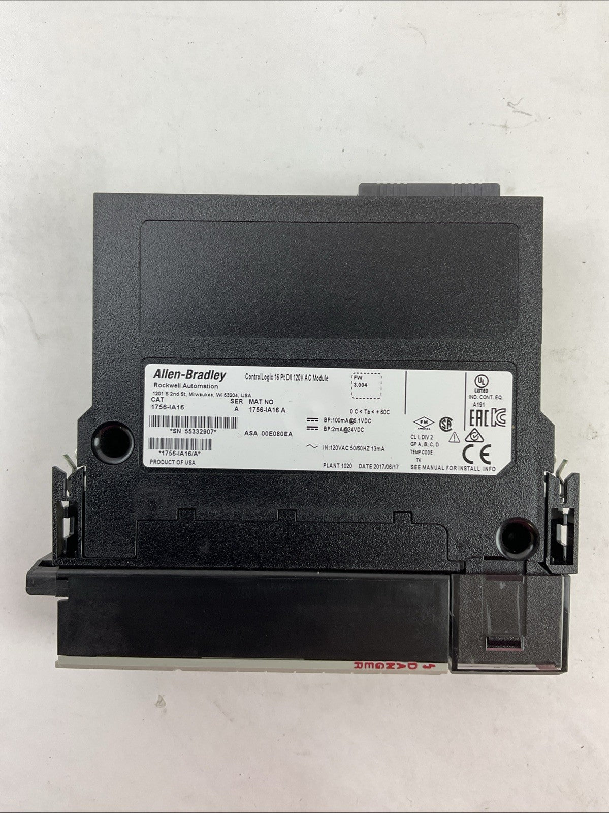 ALLEN BRADLEY 1756-IA16 SER A FW 3.004 CONTROLLOGIX 16PT D/I 120VAC MODULE