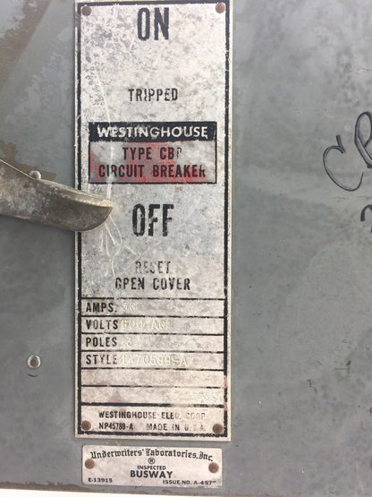 WESTINGHOUSE CBP 30A BREAKER BUS PLUG 600VAC 3 POLE