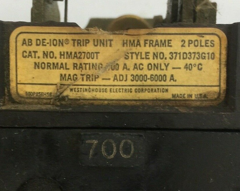 WESTINGHOUSE HMA2700T AB DE-ION TRIP UNIT 2POLE 700AMP 371D373G10